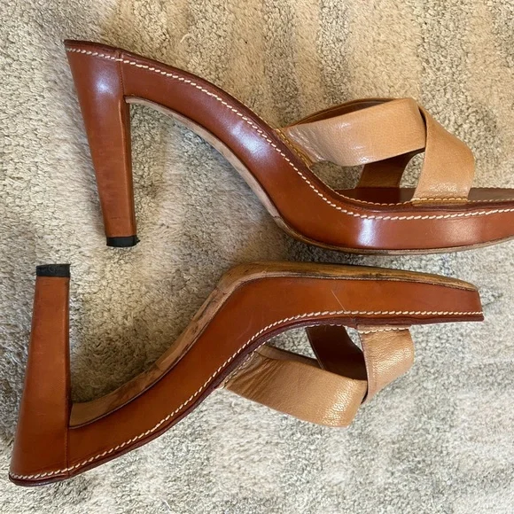 Yves Saint Laurent Tan Leather Heels with Cross-Strap Design - Picture 3 of 15